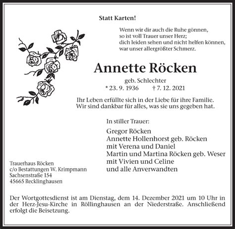 Traueranzeigen Von Annette R Cken Sich Erinnern De