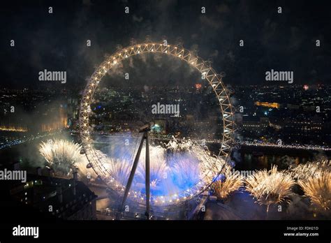 London New Year's Fireworks with the London Eye and the Houses of Parliament. Featuring: View ...