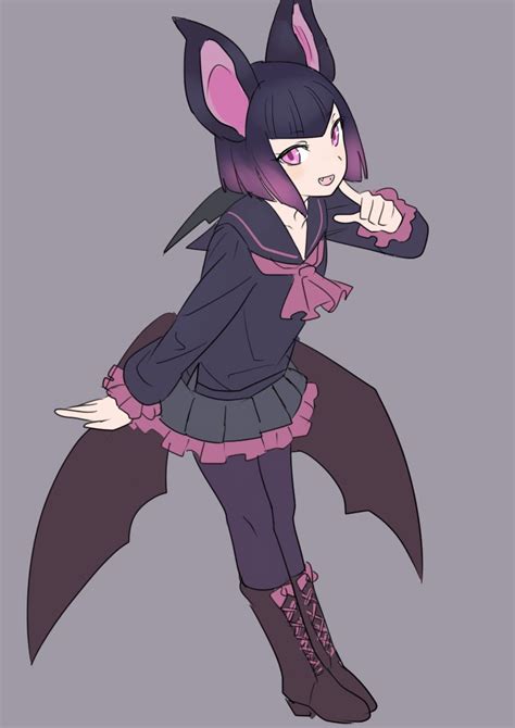 1girl Bat Ears Bat Wings Boots Bow Fangs Grey Background Kemono Friends Miniskirt Momosuke