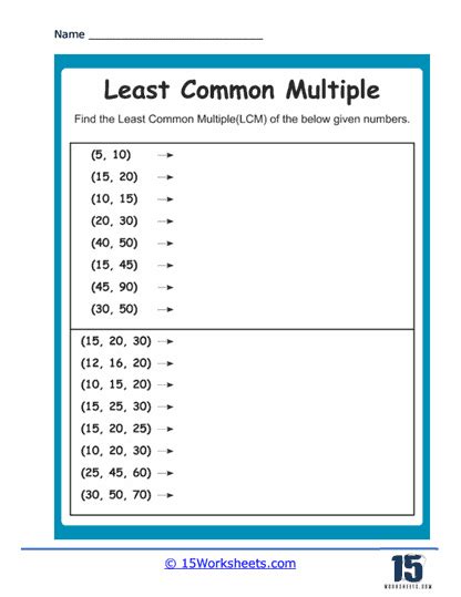 Least Common Multiples Worksheets Worksheets