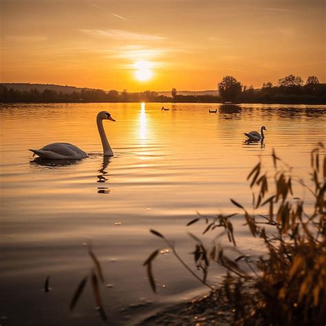 Una Puesta De Sol Dorada Sobre Un Lago Sereno Con Hermosos Cisnes