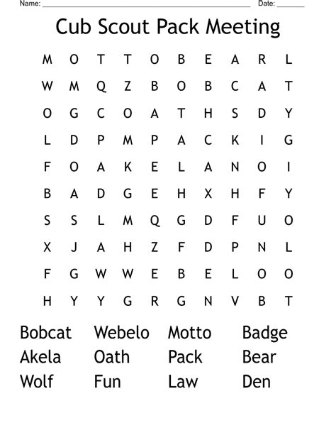 Cub Scout Pack Meeting Word Search Wordmint