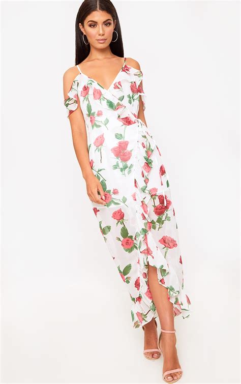 White Floral Cold Shoulder Maxi Dress Dresses Prettylittlething