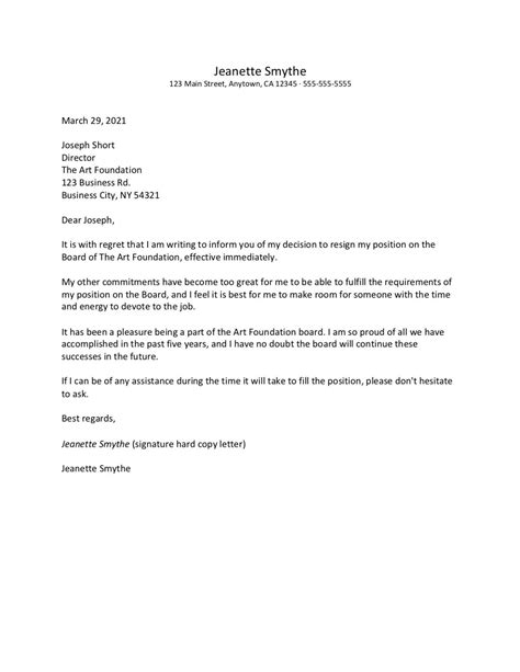 Non Profit Board Resignation Letter