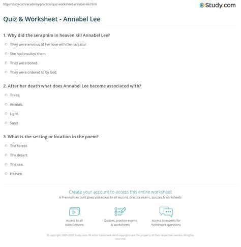 Quiz And Worksheet Annabel Lee