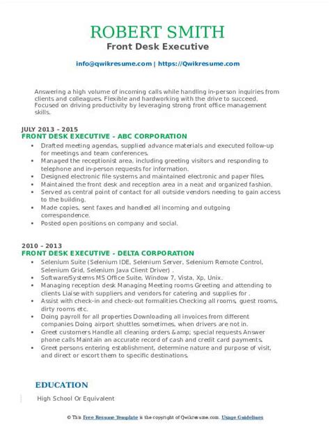 Front Desk Executive Resume Samples | QwikResume