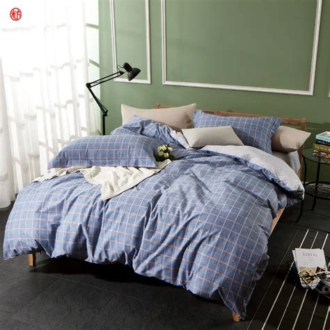 Home Textile Man Bedding Set 100 Cotton Grid Duvet Cover Set Queen King