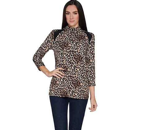 Susan Graver Printed Liquid Knit Mock Neck Top W Solid Insets