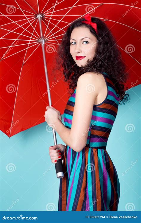 Brunette Pin Up Model Posing Wearing Striped Dress Stock Photo Image