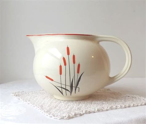 Vintage Cat Tail Pottery Pitcher Sears Roebuck And Co Red Stripe