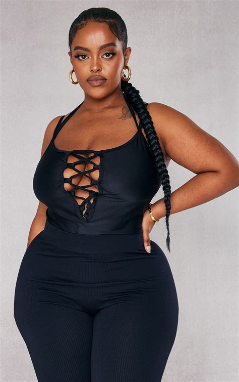 Plus Black Disco Lace Up Bodysuit Plus Size Prettylittlething