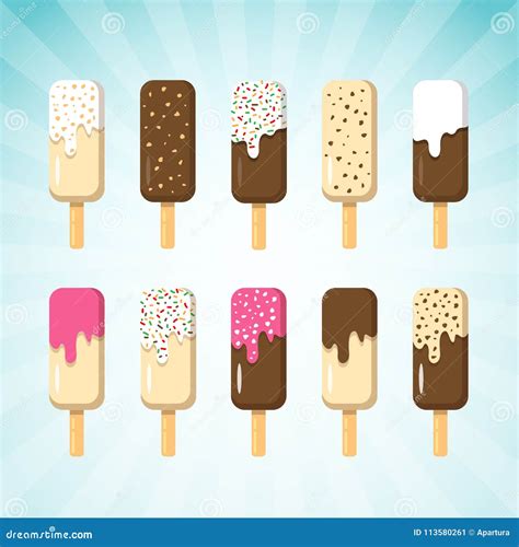 Set Of Ice Cream On Stick In Many Flavor Stock Vector Illustration Of Chip Strawberry 113580261