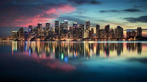 Illuminated City Skyline Reflects On Waterfront At Dusk Stock