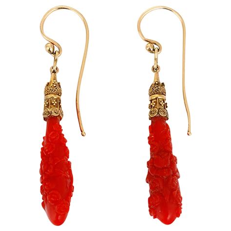 Antique Carved Coral Gold Drop Earrings At Stdibs