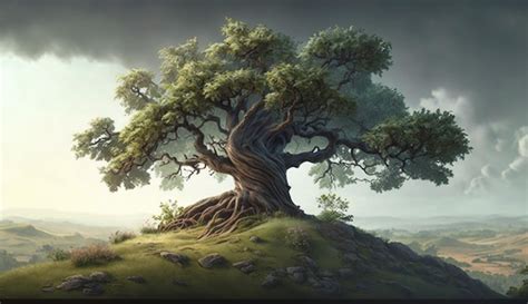 Premium Photo Illustration Of A Great Oak Tree On A Hill Generative Ai