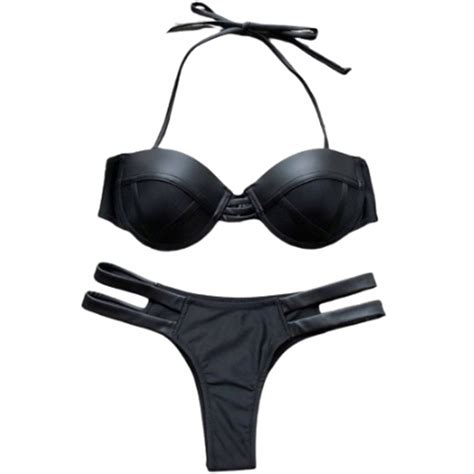 Strój Kąpielowy Dwuczęściowy Bikini Eko Skóra Skórzany Czarny Fiszbiny