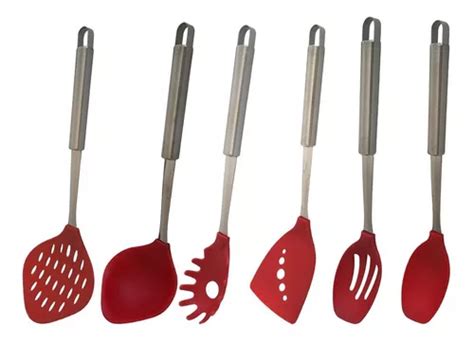 Set X6 Utensilios Acero Teflon Nylon Rojo Cerámica