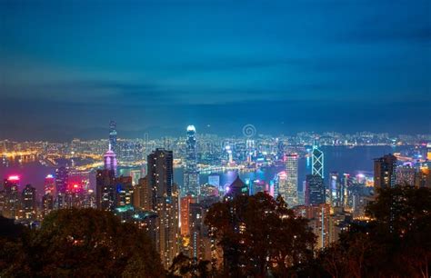 Night City Landscape View From Victoria Peak To Victoria Harbor At