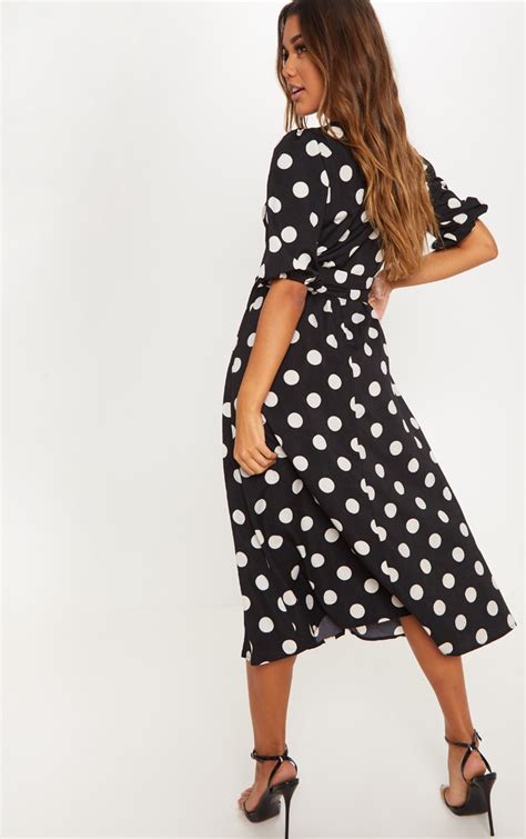 Black Polka Dot Skater Midi Dress Dresses Prettylittlething Usa