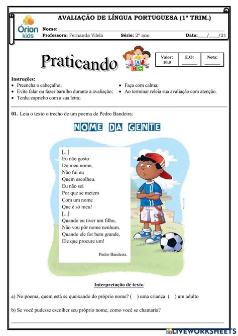 Atividade Avaliativa De Português Worksheet Live Worksheets