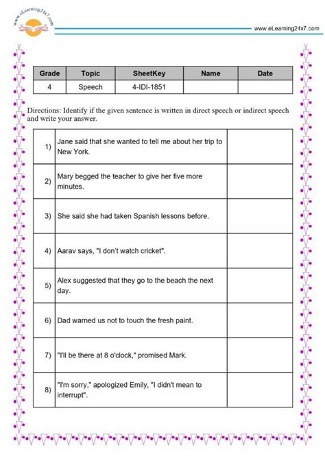 Direct And Indirect Speech Worksheets For Grade 4 - www.eLearning24x7.com