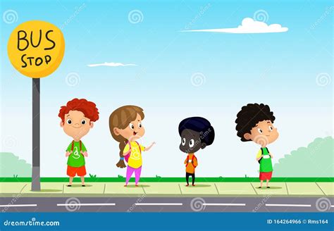 Children Waiting for School Bus. Cartoon Vector Illutration Stock ...