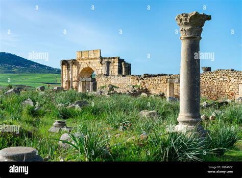 Una Sola Columna Y El Arco De Caracalla En Las Ruinas Romanas De