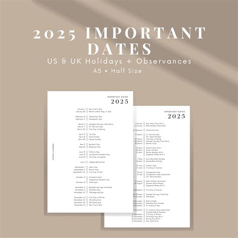 2025 Important Dates, List of Holidays, US Public Holidays, UK Bank
