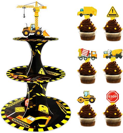 Soporte de construcción para cupcakes de cumpleaños con 24 adornos para