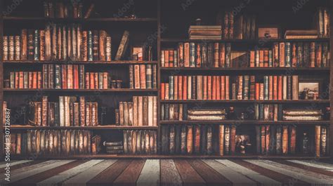 Blurred Bookshelf Many Old Books In A Book Shop Or Library Stock Photo