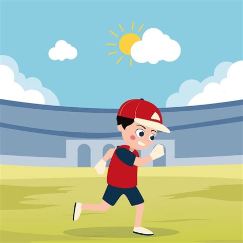 Niño Lindo Feliz Niño Jugar Al Béisbol Del Tren En La Ilustración Del