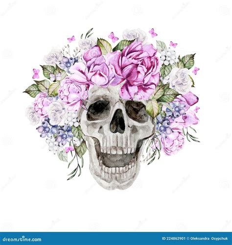 Beautiful Watercolor Skull With Flowers Of Peony And Roses Stock