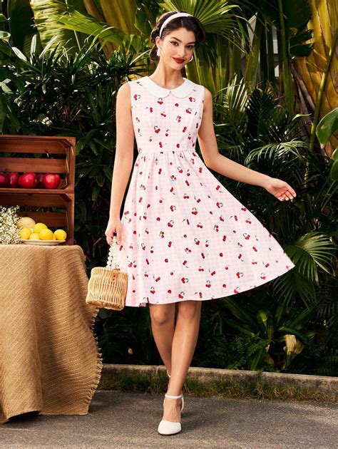 Shein Decds Vintage Elegant Spring Summer Plaid Cherry Print Sleeveless