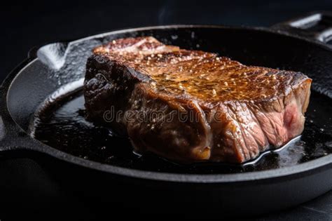 Sizzling Wagyu Steak Cooked To Perfection On Cast Iron Skillet Stock