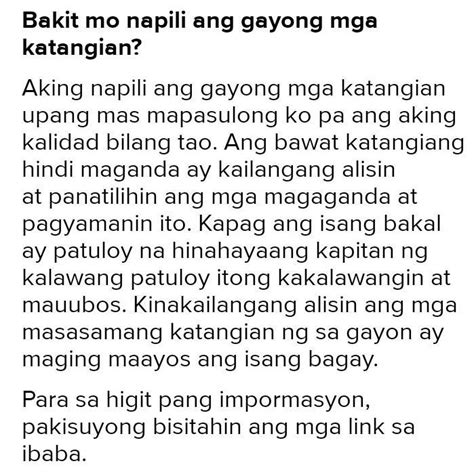 Sagutin 1 Bakit Mo Napili Ang Gayong Katangian Brainly Ph