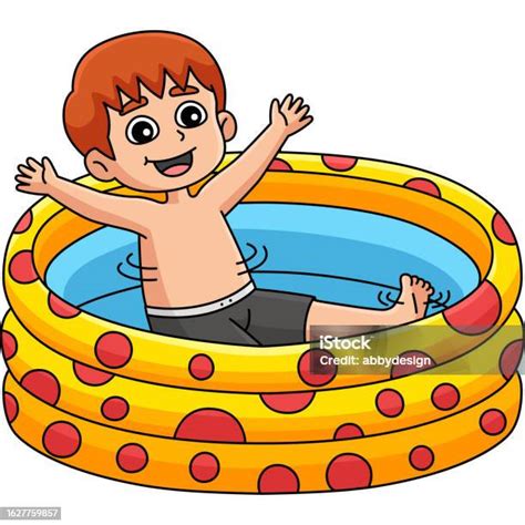anak lakilaki  kolam renang kartun berwarna clipart ilustrasi stok