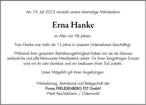 Traueranzeigen Von Erna Hanke Vrm Trauer De