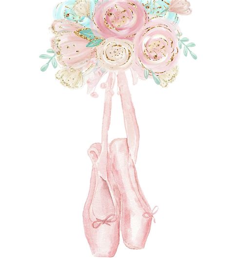 Ballerina Ballet Shoes Floral Feather Watercolor Gold Pink Mint Digital Art By Pink Forest Cafe