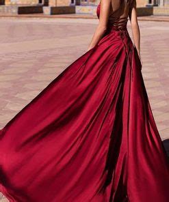 Explore Our A Line V Neck Backless Burgundy Satin Long Prom Dress With