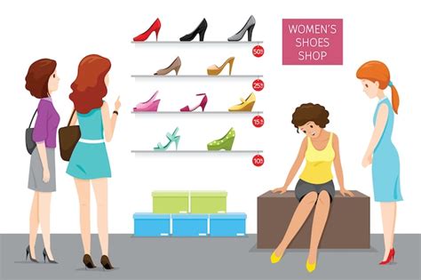 Boutique De Chaussures Pour Femmes Avec Vendeuse Et Clients Vecteur