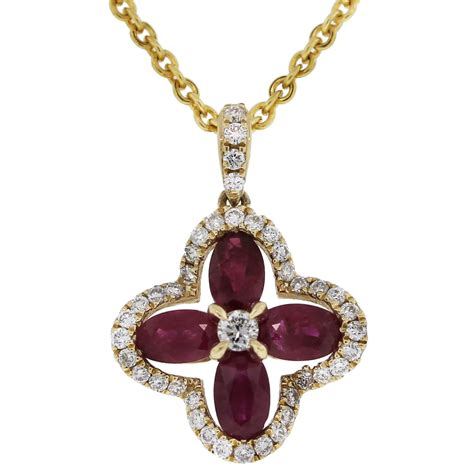 Kt Yellow Gold Ruby Diamond Flower Pendant W Chain