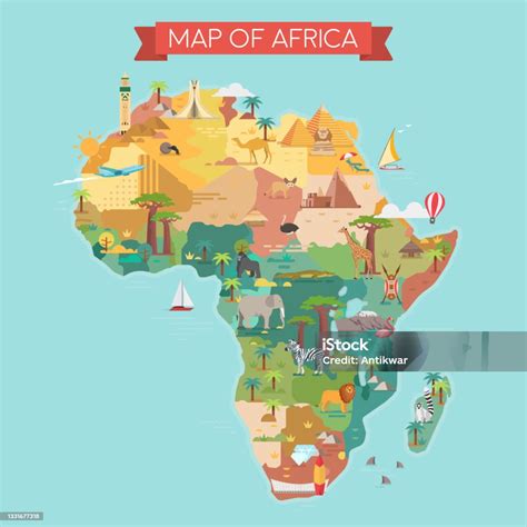 Africa Tourist Map With Famous Landmarks Stock Illustration - Download ...