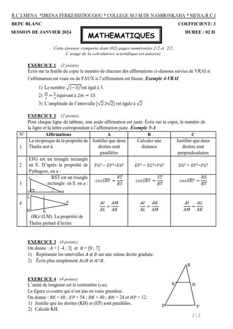 SUJET BEPC BLANC 2024 MATHEMATIQUES DRENA FERKESSEDOUGOU COTE D IVOIRE