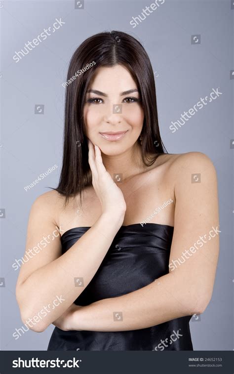 Sexy Elegant Brunette Black Evening Gown Stock Photo