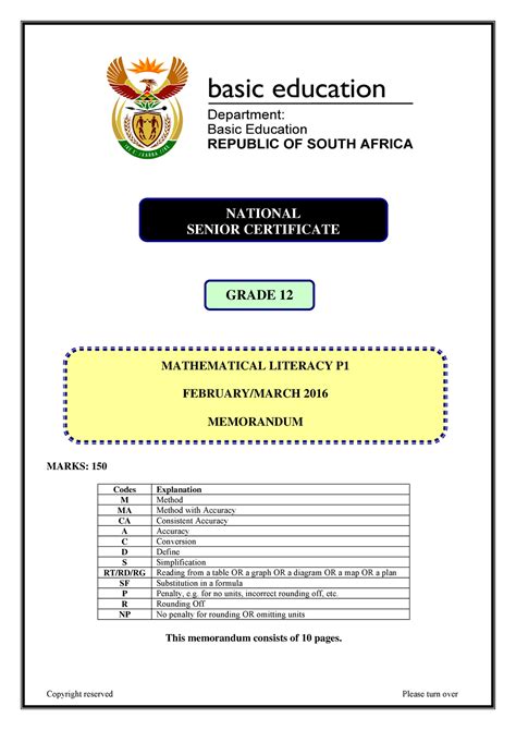 Mathematical Literacy P Feb March Memo Eng Marks Codes
