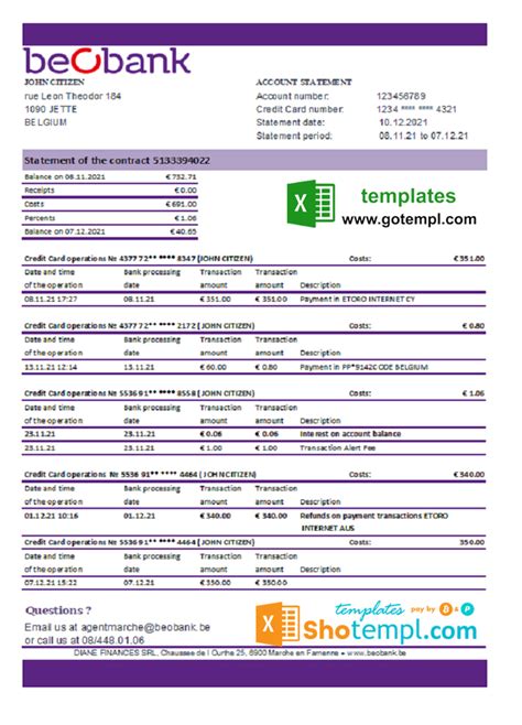 Belgium Beobank Bank Statement Easy To Fill Template In Xls And Pdf