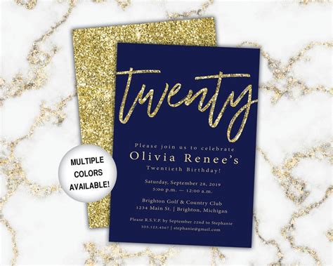 Black And Gold Twentieth Birthday Invitation 20th Birthday Etsy