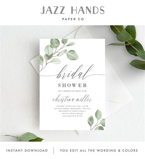 Eucalyptus Invite Modern Simple Greenery Bridal Shower Invite Template Editable Instant Download