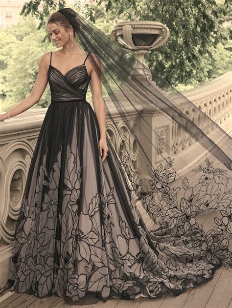 Black Floral A Line Wedding Dress With V Neckline And Spaghetti Straps