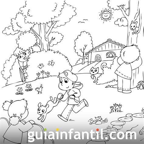 Dibujo para colorear de niños jugando en primavera